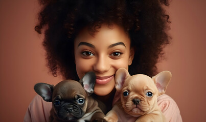 Close up shot of pleased girl with Afro hair holds two puppies, spends leisure time with loyal animal friends
