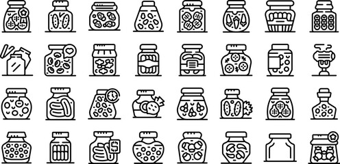 Pickled food jars icons set outline vector. Can product. Vegetable spice