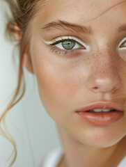 Woman portrait (close-up) with fine make up. Light White Eyelines (Eyeliner)