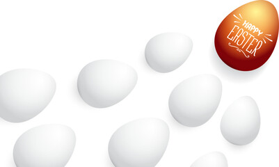 Happy easter horizontal banner with colorful golden egg and white eggs flat lay on white transparent background. Vector Happy easter creative concept illustration