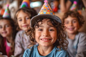 Group of Young Children Wearing Party Hats