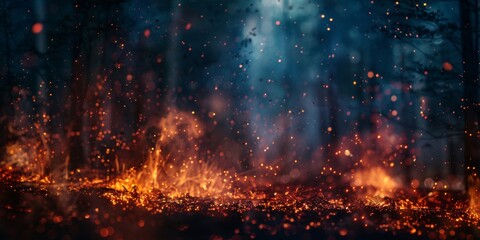 A dense forest ablaze with intense flames and glowing embers, creating a fiery and dangerous scene