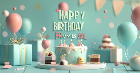 3D cartoon illustration of a happy birthday card with cake, gifts and balloons. The happy birthday...