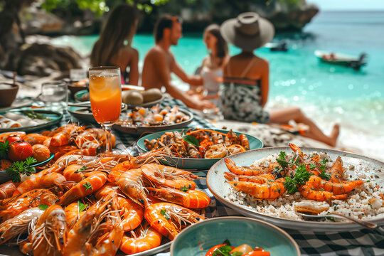 Table Set With Plates of Food Beside the Ocean