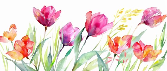 Fototapeta na wymiar Greeting card with watercolor illustration - fresh spring tulips, floral background, beautiful bouquet of wild flowers with a festive theme