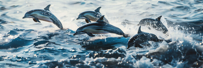 two dolphins jumping in water - obrazy, fototapety, plakaty