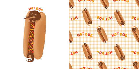 cute hot dog Dachshund dog in sausage bun seamless pattern