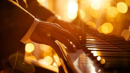 Close-up of a person elegantly playing a piano in a concert hall