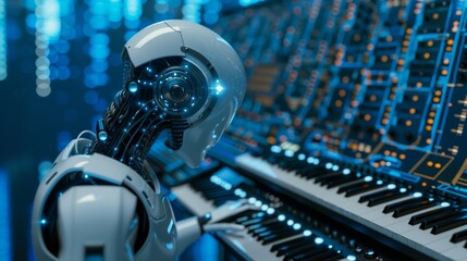 Robot Playing Keyboard in Music Studio