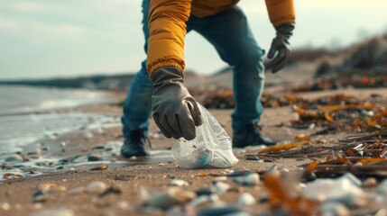 A person wearing gloves is picking up plastic bags that pollute the sandy beach - obrazy, fototapety, plakaty