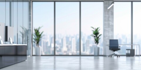 A modern corporate office space with no people, showcasing a stunning view of the city skyline through large windows - 775707509