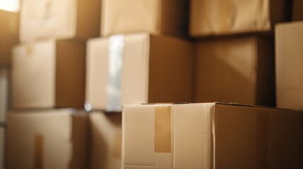 Numerous moving boxes stacked on top of each other in a room, creating a cluttered and utilitarian environment