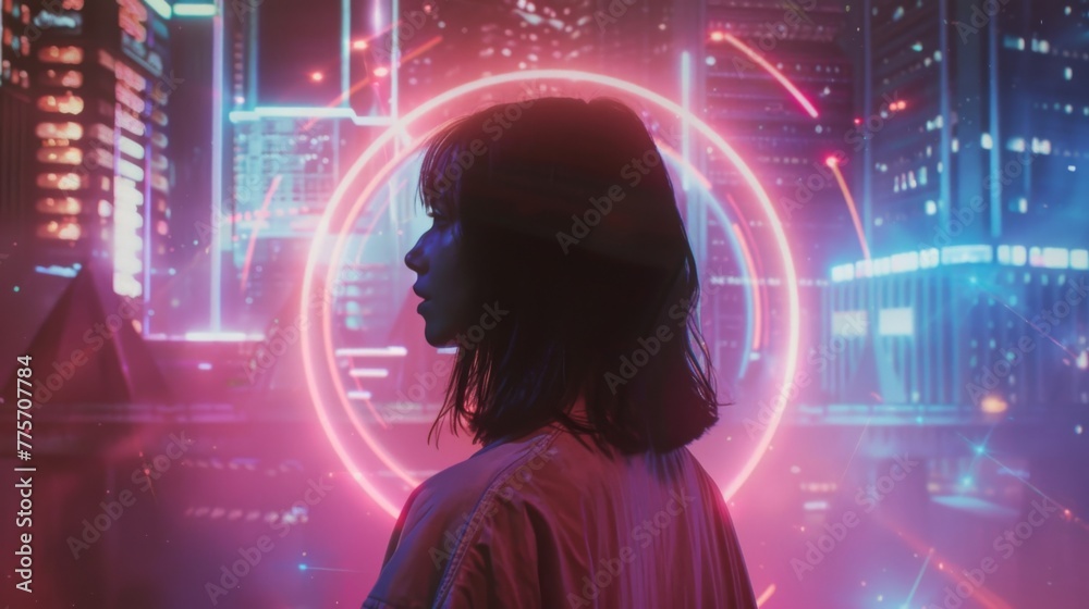 Poster Man Standing in Front of Futuristic City