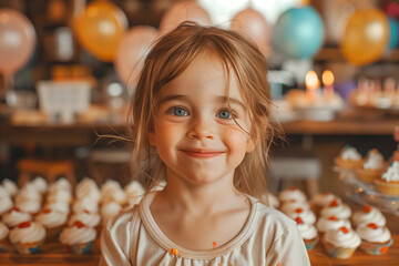 Little Girl Standing by Cupcake-Filled Table