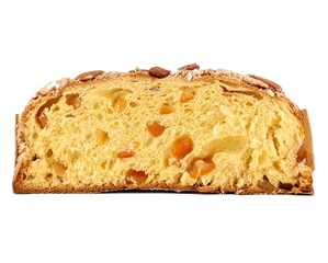 Cross section of Colomba Pasquale, italian christmas dessert, with the texture of its classical recipe based by  candied fruits,almonds and flour. White background
