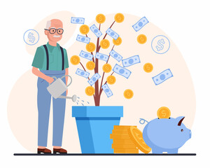 Older men pouring water on money tree coins notes Retirement fund investment plan fund for living after retire Senior men characters cartoon vector illustration.