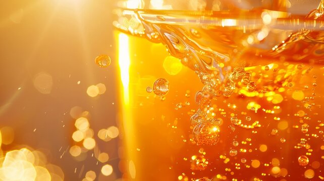 Golden beer glass with sparkling bubbles and bokeh