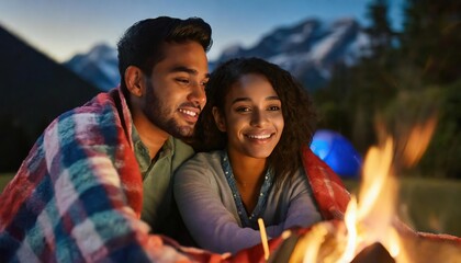 A man and woman sitting by a campfire, wrapped in a shared blanket, enjoying a romantic evening during a camping trip