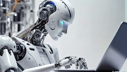 Artificial intelligence robot at laptop