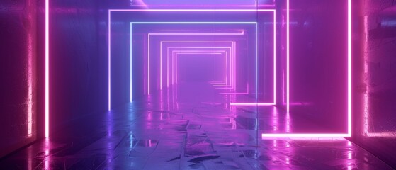 Abstract fashion background, glowing lines, violet neon lights, ultraviolet neon square portal, tunnel, corridor, virtual reality, arch, pink blue vibrant colors, laser show.