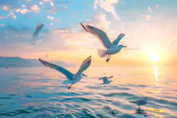 Fototapeta na wymiar seagulls flying over the sea