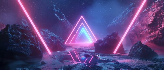 An abstract background, cosmic landscape, a triangular portal with pink and blue neon light, virtual reality, glowing quads, dark space, ultraviolet spectrum, laser triangles, rocks, and the ground.