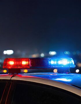 Blue and red light flasher atop of a police car. City lights on the background