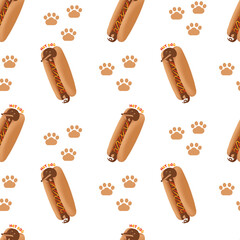 cute hot dog Dachshund dog in sausage bun seamless pattern