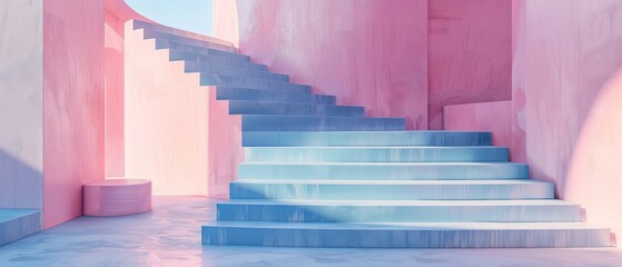 This is a 3D render of blue pink stairs, steps, an abstract background in pastel colors, a fashion podium, a minimal scene, primitive architectural blocks, and a design element.