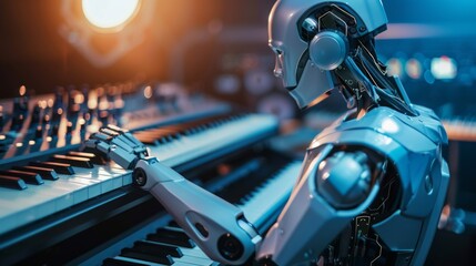 Obraz premium Robot Playing Keyboard in Recording Studio