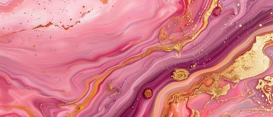 This fashion marbling illustration features an abstract background with a fake stone texture, agate with pink and gold veins, and painted artificial marbles. - obrazy, fototapety, plakaty