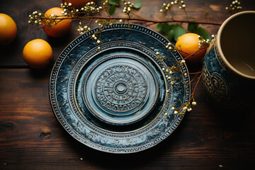 Vintage dinnerware on rustic wooden table, Taken on: DSLR, Wide-angle lens, overhead shot, Canon EOS R6. --ar 3:2 --stylize 1000 --v 5.2 Job ID: bcb32e29-f6f1-43e1-b8e5-496b955e8867