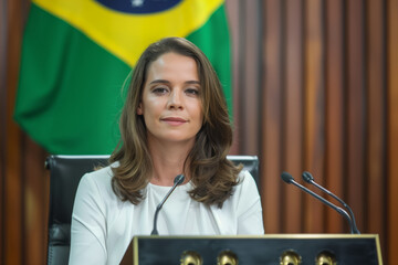 Interiors of Brazil parliament, with a Brazilian female political figure or a leader, delivering a speech with a poised demeanor in front of a Brasil flag, indicating a setting of national importance.