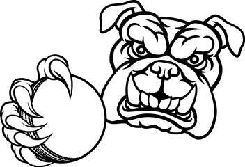 A bulldog dog animal sports mascot holding cricket ball