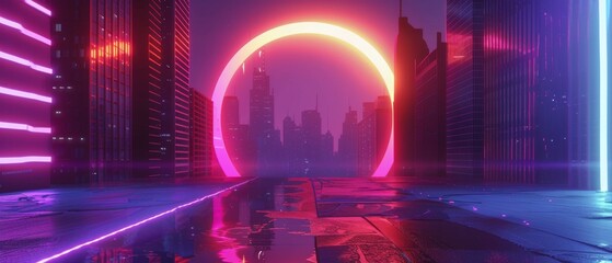 CG neon background, cyberspace virtual reality urban scene, glowing sphere portal at the end of the street, fantastic city, minimal skyscrapers, post-apocalyptic concept, night sky, 3D neon