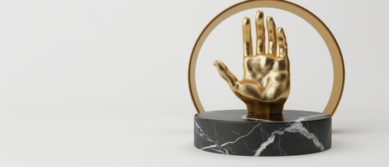 Detailed 3D render, with golden hand, okay sign gesture, black marble pedestal isolated on white background, minimalist concept, gold round frame, blank cylinder podium, simple clean design, luxury