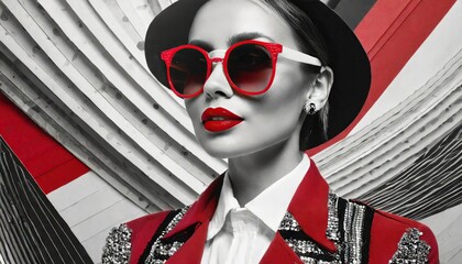 collage in modernist style combining abstract and colourful visual elements, red lipstick, fashion manifesto