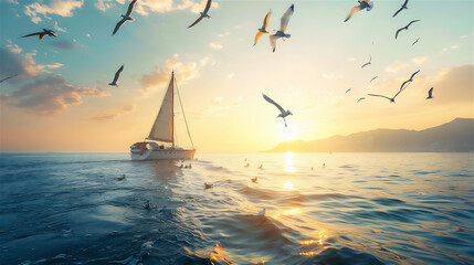 sailboat at sunset with seagulls