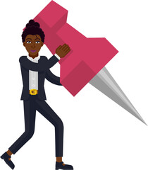 A confident black business woman with a giant map pin or tack conceptual illustration