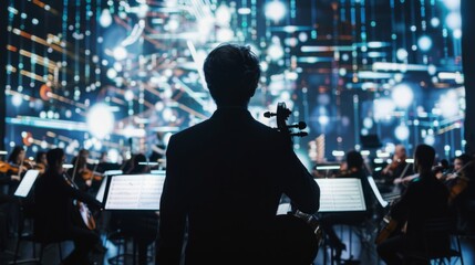 Man Performing Violin in Front of Large Screen - obrazy, fototapety, plakaty