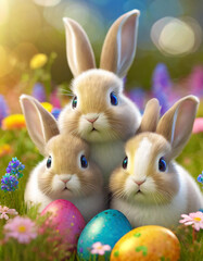 Happy Easter, Bunny is in the garden and surrounded by colorful eggs