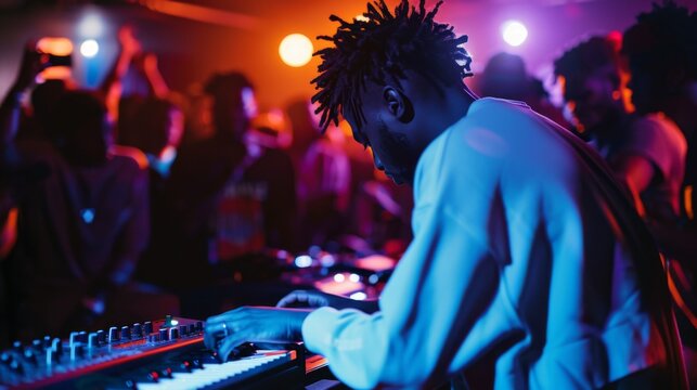 Man With Dreadlocks Playing Keyboard in Front of Crowd