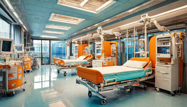 Empty beds in a modern hospital intensive care unit with no people and no patients. Generative Ai.
