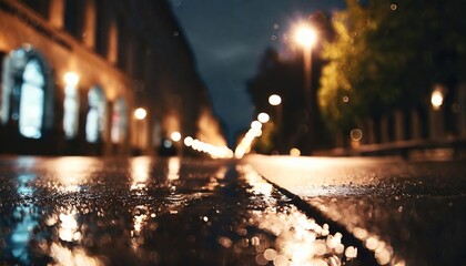 cinematic city street at night after rain