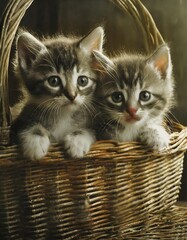 Fototapeta na wymiar cute kittens in a wicker basket