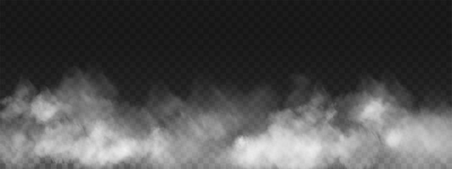 Fog or smoke, white smog clouds on floor, isolated transparent special effect. Vector illustration, morning fog over land or water surface, magic haze.	 - obrazy, fototapety, plakaty