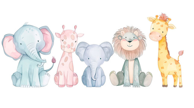 Dibujos minimalistas de animalitos estilo acuarela sobre fondo transparente