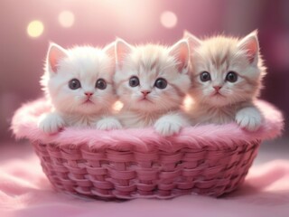 Fototapeta na wymiar Cute little kitten sleeping in basket with beautiful pink flowers. P
