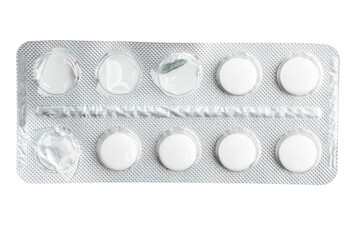 White medicine pills in a blister pack isolated on white background, healthcare and medicine...