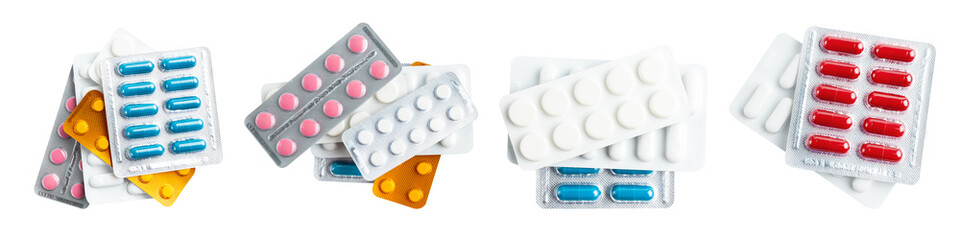Collage of various medicine capsules, pills and tablets in a blister pack isolated on white background, healthcare and medicine concept, top view